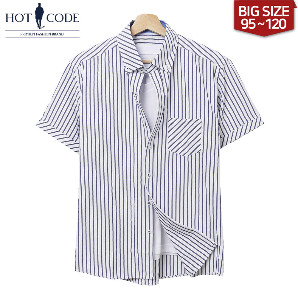 남자 여름 반팔 빅사이즈 포켓 스트라이프 셔츠, HC218 - 핫코드