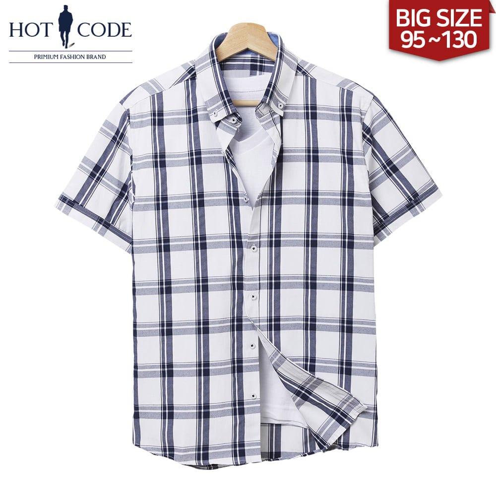 남자 여름 반팔 빅사이즈 와이드 체크 셔츠, HC245 - 핫코드
