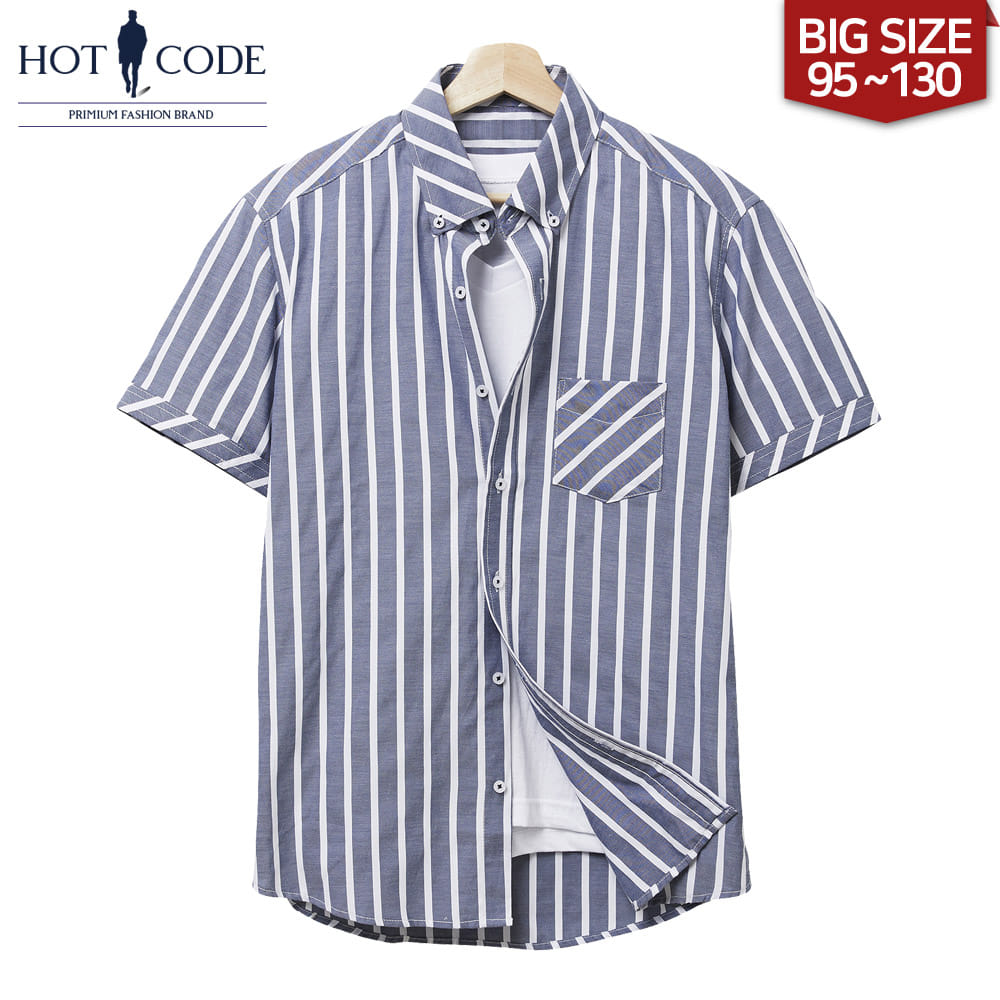 남자 여름 반팔 빅사이즈 블루 스트라이프 셔츠, HC203 - 핫코드