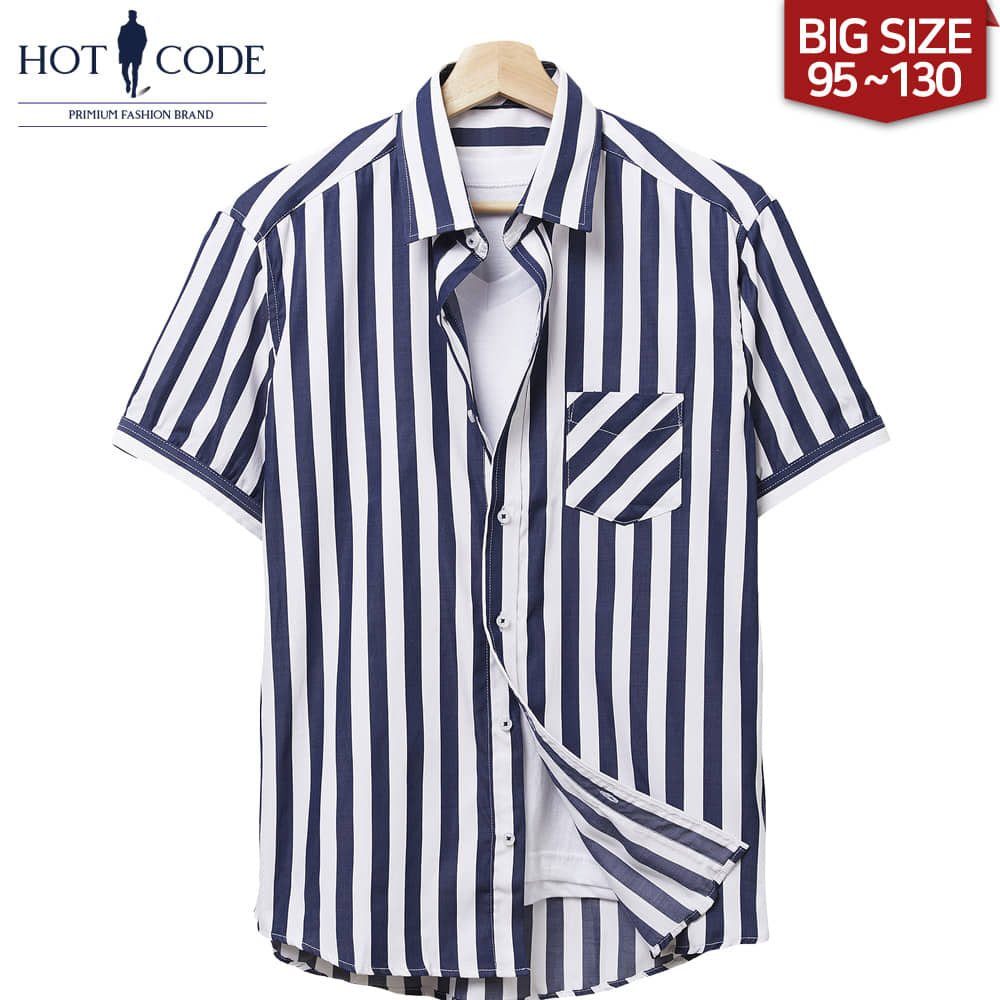 남자 여름 반팔 빅사이즈 네이비 스트라이프 체크 셔츠, HC244 - 핫코드