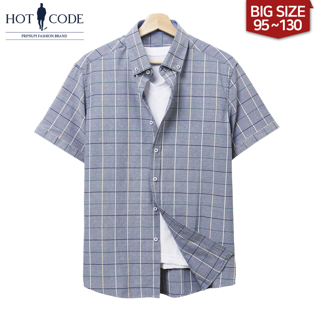 남자 여름 반팔 빅사이즈 블루 체크 셔츠, HC213 - 핫코드